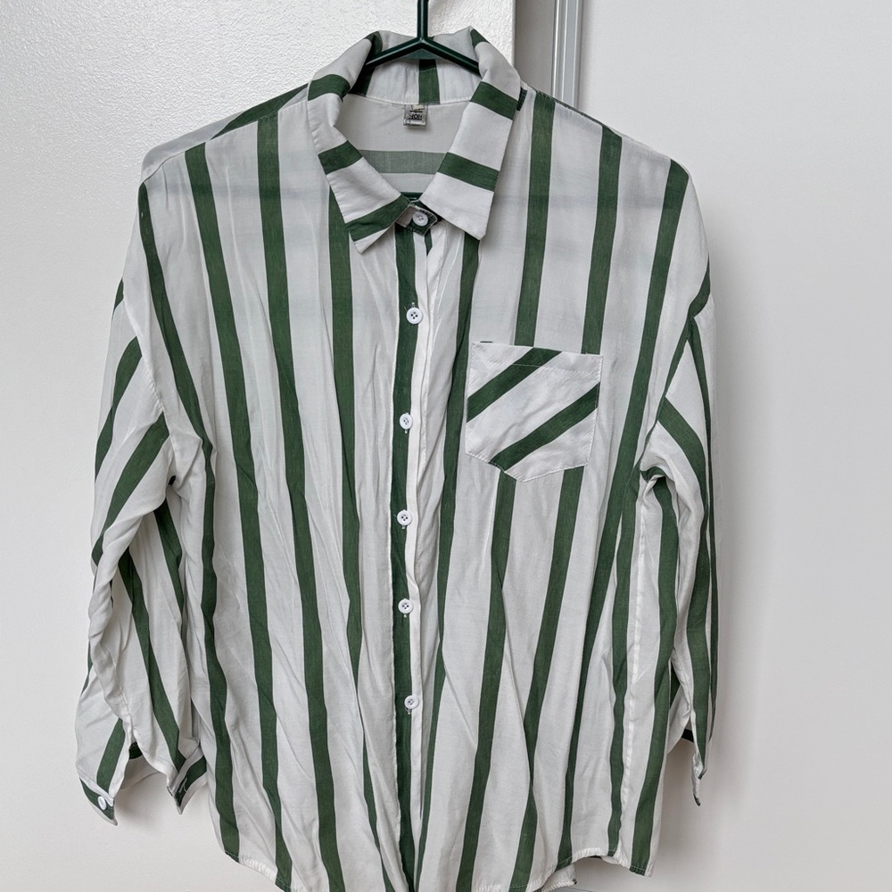 Unbranded Green and White Vertical Stripe Button-Down Shirt